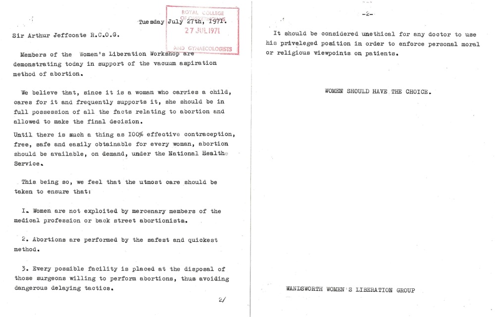 Wansworth Womens Lib letter 1971
